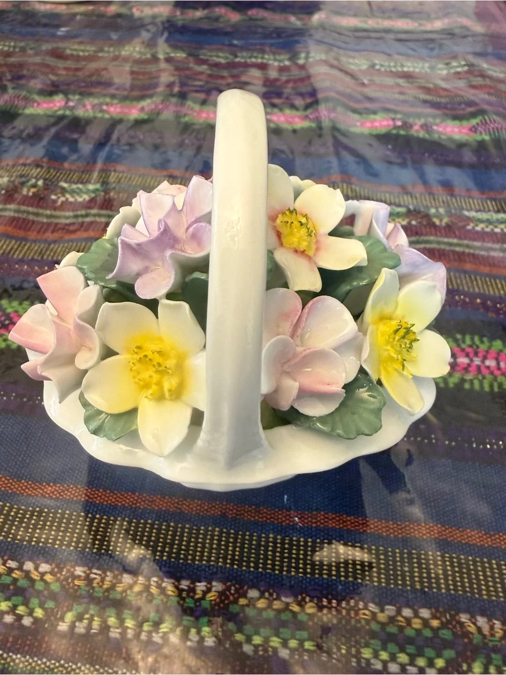 Porcelain Floral Basket Vase - White with Pastel Yellow, Pink, Lavender Flowers